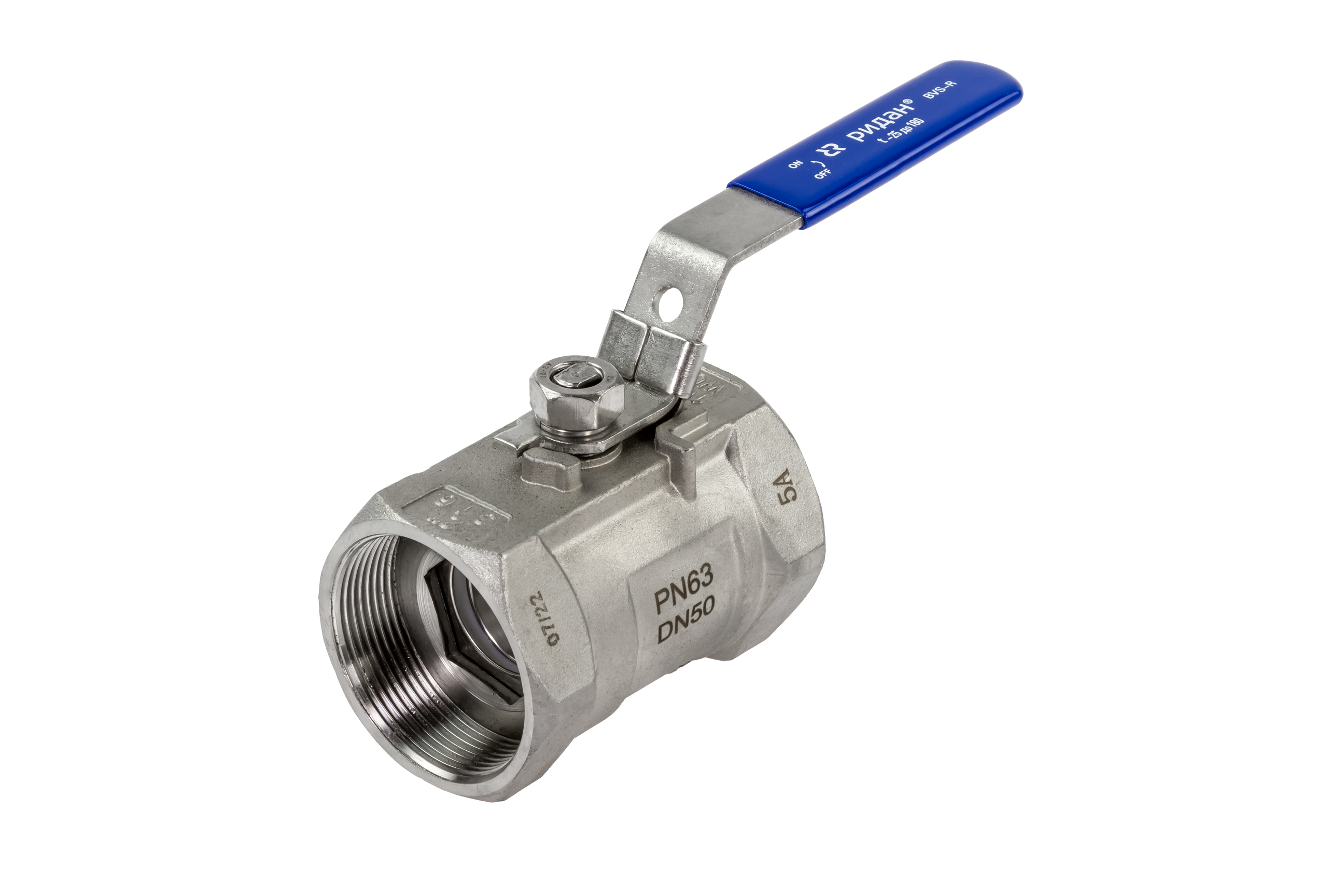 Ридан BVS-R 082X4607R — Шаровый кран резьбовой DN50 PN63, с рукояткой, корпус — коррозионностойкая сталь, шар — коррозионностойкая сталь AISI316; уплотнение по шару R-PTFE (15% C)