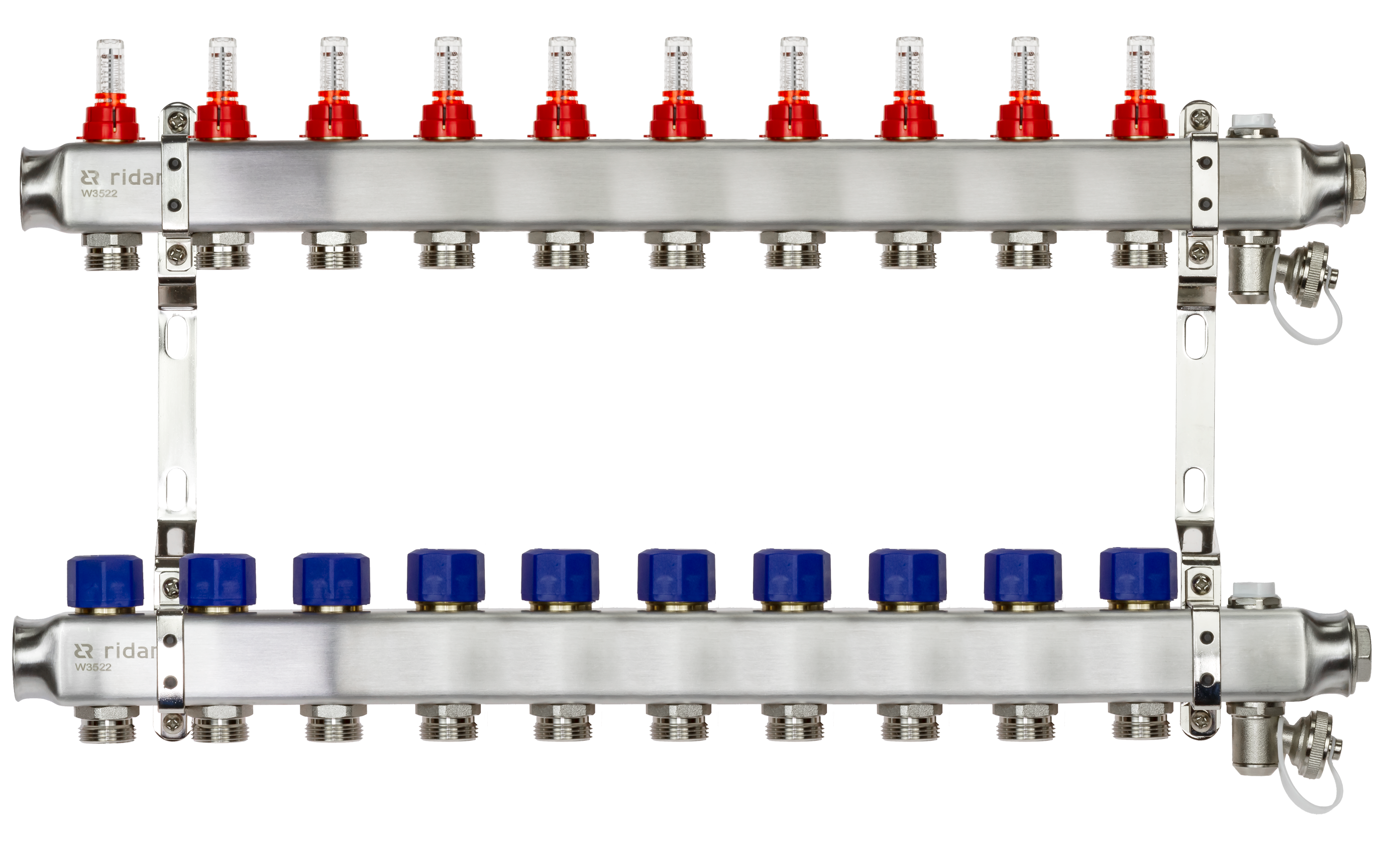 Ридан 088U0960R — Комплект коллекторов SSM-10RF set с расходомерами, кронштейнами, ручным воздухоотводчиком, сливным краном и торцевой заглушкой, 10 контуров