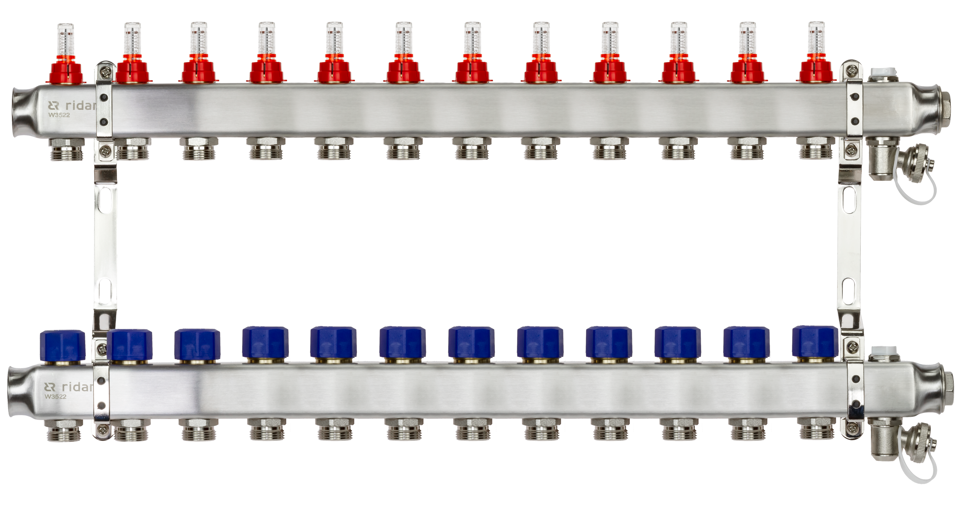 Ридан 088U0962R — Комплект коллекторов SSM-12RF set с расходомерами, кронштейнами, ручным воздухоотводчиком, сливным краном и торцевой заглушкой, 12 контуров