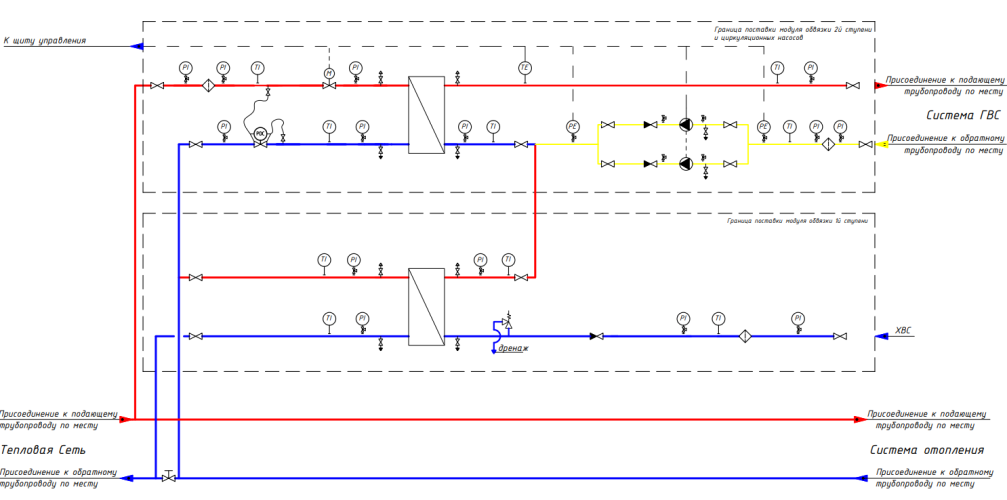 Общая схема 2ст ГВС 2ход РК+РПД и насосы 2х100 (с учетом стандартного модуля для первой ступени БТП-DS-ХХХ-YYY-1ST V2)
